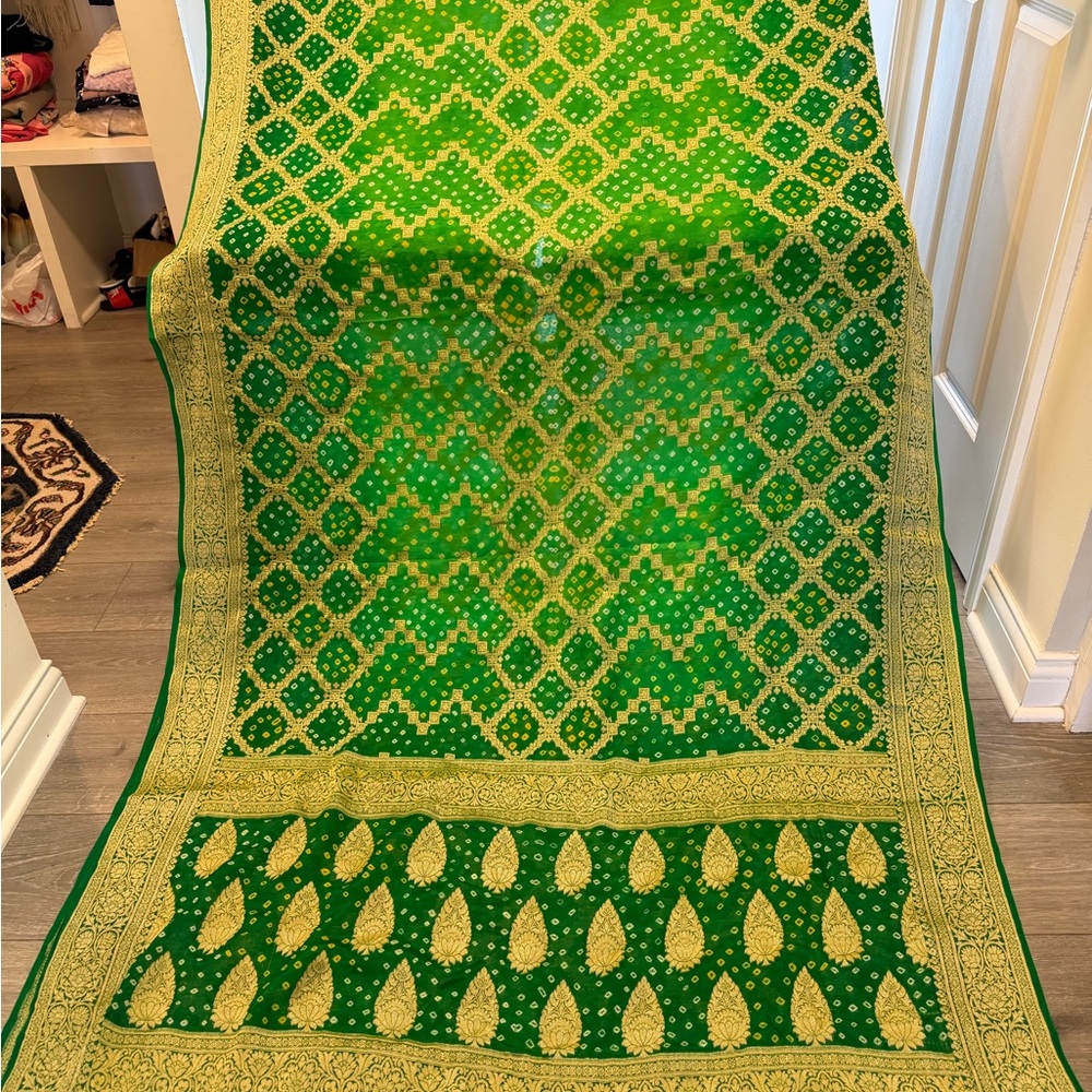 Green and Gold Banarsi Khaddi woman's saree sari